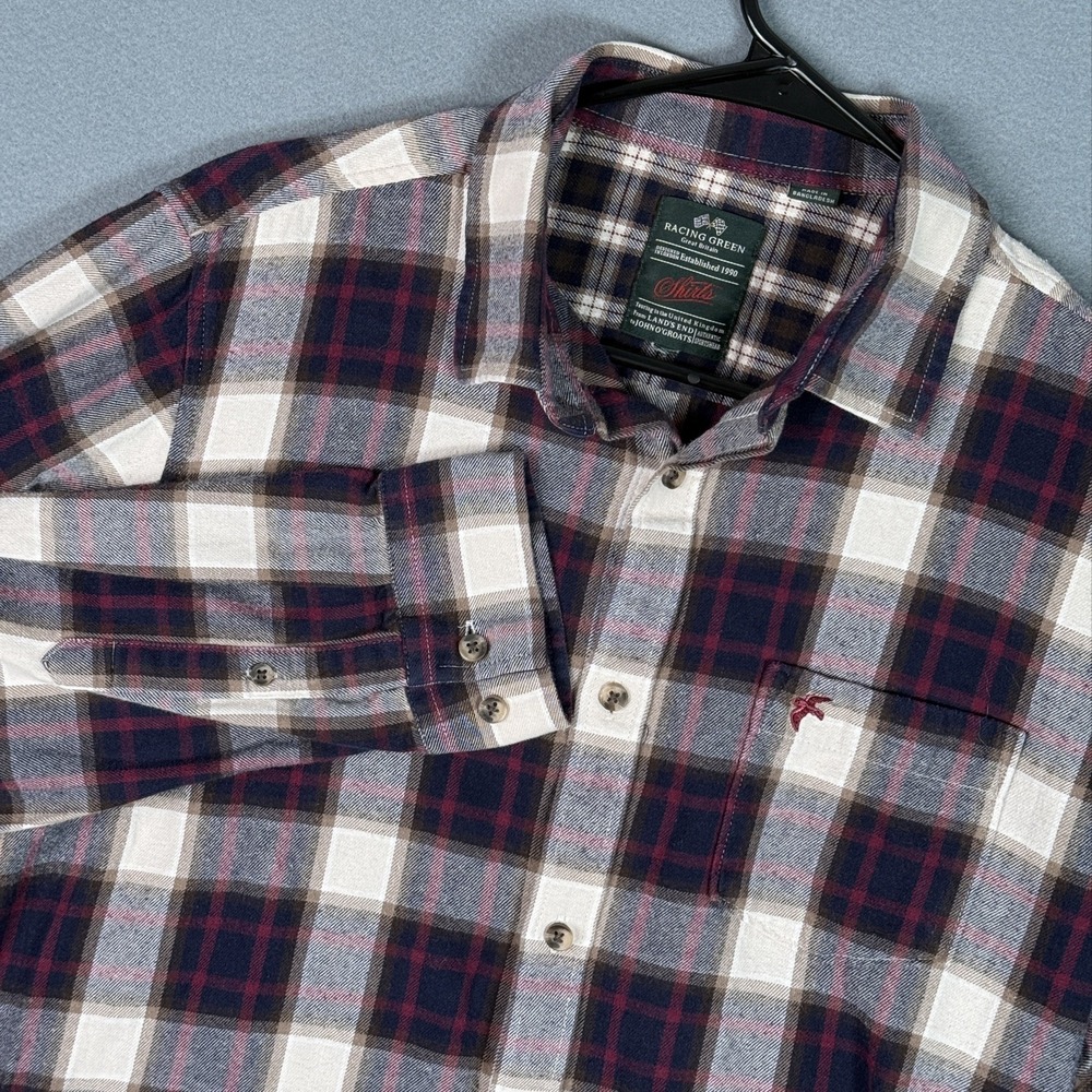 Racing Green Great Britain Flannel Shirt Mens L Plaid Button Up Outdoor Camp L/S